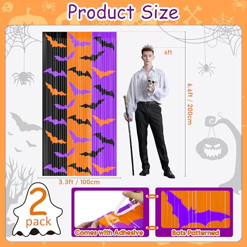 Halloween Foil Fringe Curtains 2 Pack - Orange Purple Black Bat Pattern Party Backdrop