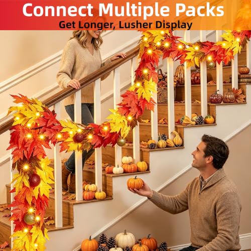 9.1FT Fall Garland with Lights Large Maple Leaves - Connectable Autumn Decor - Variation 1