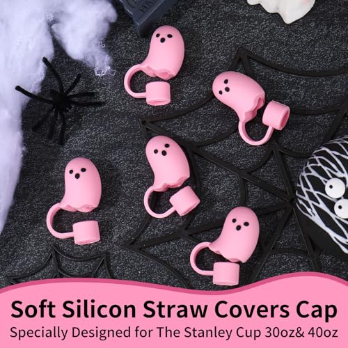 Halloween Ghost Silicone Straw Covers - Pink Reusable Tumbler Straw Topper (Variation: Cute Ghost)