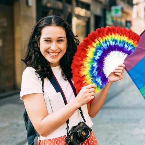 Rainbow Folding Hand Feather Fan for Pride Parade Party Festival