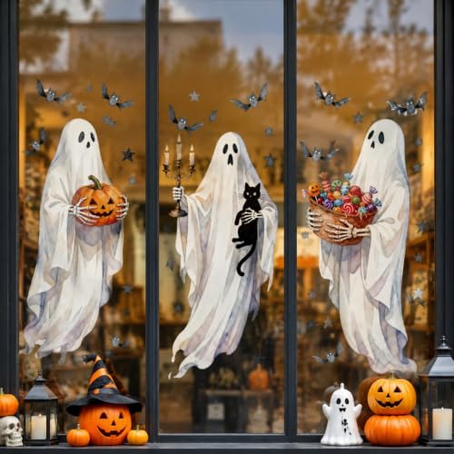 Halloween Ghost Window Clings Set - Large Static Stickers for Windows, Mirrors & Glass Doors - Variation: Halloween Style 14