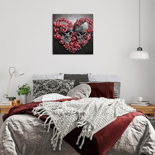 Gothic Skull and Roses Wall Art - Red Floral Heart Design, 20x20 Inch