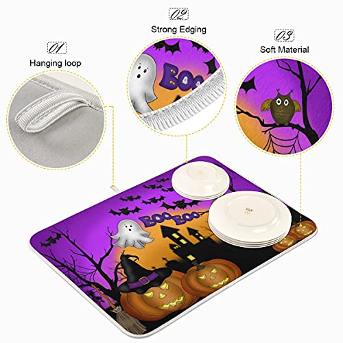 Halloween Pumpkin Ghost Reversible Microfiber Dish Drying Mat 16x18 Kitchen Counter Accessory