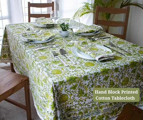 Block Print Table Cloth - Yellow Limegreen 60x108 Inch Cotton Handmade Washable