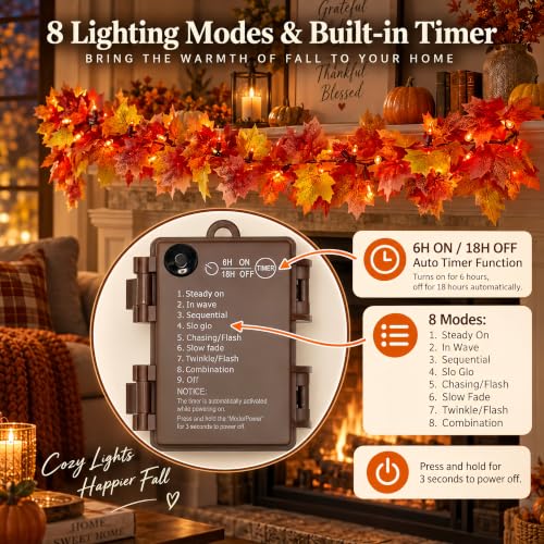 2 Pack Battery-Operated Fall Garland with Lights 9.8FT Orange Leaves & 8 Modes