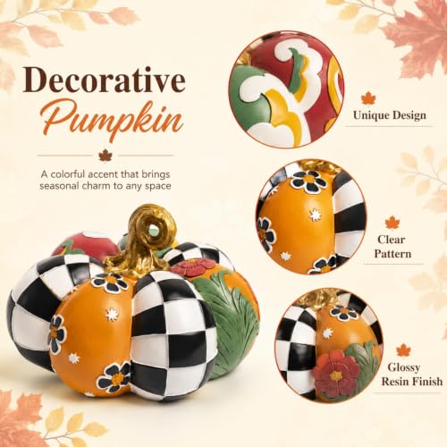 Black and White Checkered Pumpkin Figurine for Fall Table Decor