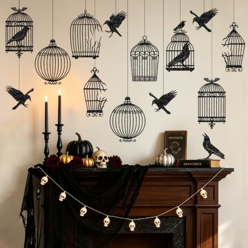 Crow and Cage Halloween Glitter Decor Set - Gothic Party Supplies, Indoor Outdoor Decorations