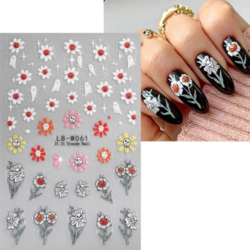 Halloween Ghost Nail Stickers 4 Sheets with Flower & Spider Web Designs - DIY Nail Art Decals
