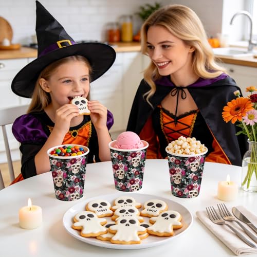 Halloween Paper Cups 9oz Blooming Floral Skull Design - 50 Pack Disposable Drinkware