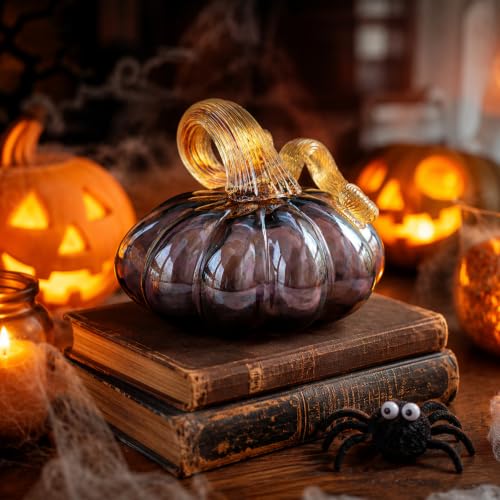 Purple Hand Blown Glass Pumpkin Fall Decor for Thanksgiving & Halloween