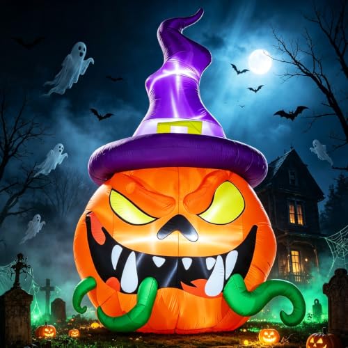 12FT Halloween Inflatable Pumpkins with Witch's Hat & Vines - Outdoor Yard Decor
