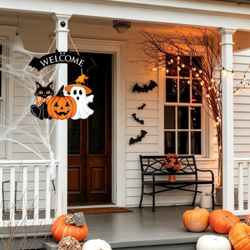 Large Wooden Halloween Ghost Door Wreath - Black & Pumpkin Decor for Front Door