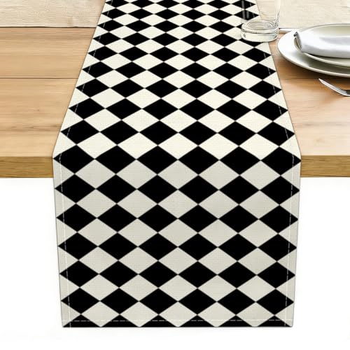 Geometric Pattern Black Beige Diamond Table Runner for Dining & Home Decor - 13x72 Inches