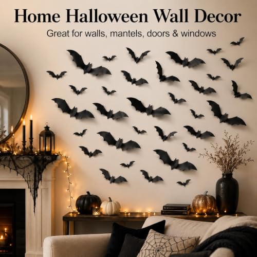 Halloween Bat Wall Decals Set - 120 3D Black Stickers for Indoor & Outdoor Decor