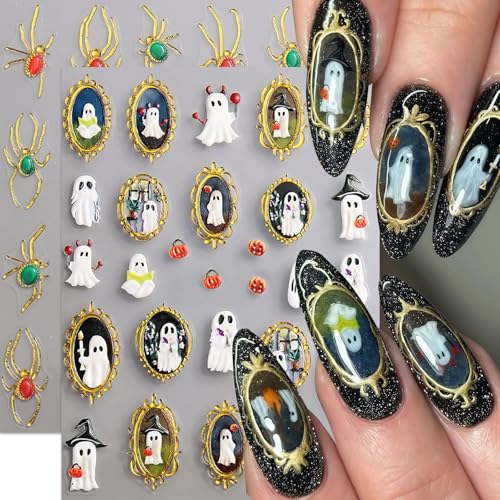Halloween Ghost and Spider Nail Stickers - Relief Spider Variation, 5D Self-Adhesive Nail Art Decals, 2 Sheets