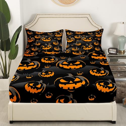 King Size Halloween Pumpkin Bed Sheets Set - Spooky Orange & Black Bedding