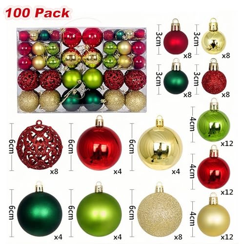 Christmas Tree Ornaments 100Pcs Mixed Size & Color Shatterproof Balls - Gold Green Red Variations