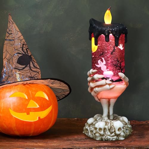 Ghost Snow Globe Flameless Candle with Timer - Skeleton Hand Halloween Decor - 4 Ghosts
