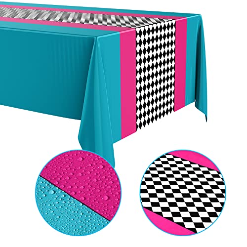 Pink Teal Checkered Wonderland Tablecloth Set - 3 Pieces, 54x108 Inches