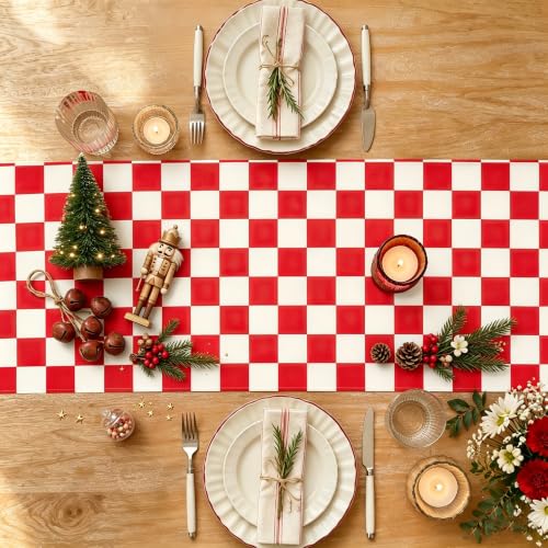 Red Gingham Checkered Table Runner - 13 x 72 Inch, Waterproof, Reusable