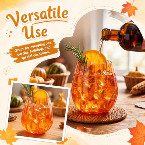 Pumpkin Wine Glasses Set of 4 - 20oz Stemless Fall Drinkware, Orange, Halloween Decor