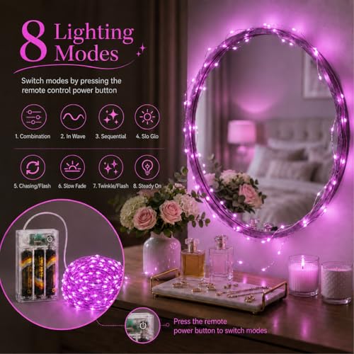 Purple 16ft Battery-Operated Fairy Lights with 8 Modes & Timer - 50 Micro LEDs