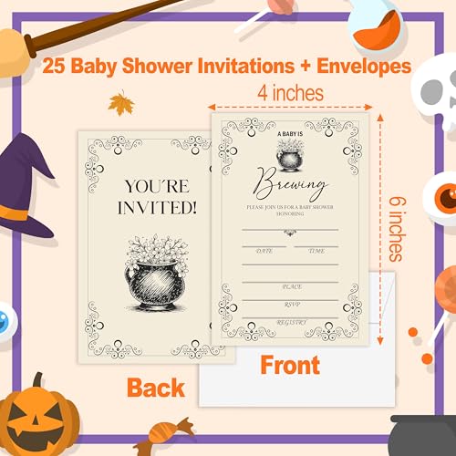 Halloween Baby Shower Invitations for Boys Girls - 'A Baby Is Brewing' Variation, 25 Pack 4x6 with Envelopes