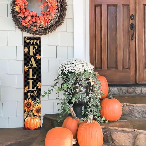 Happy Fall Y'all Porch Sign Black Checkered Sunflower Pumpkin - Indoor Outdoor Farmhouse Decor