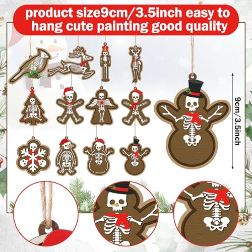Gothic Skeleton Christmas Ornaments Set - 24 Wooden Holiday Decorations with Variation Skull