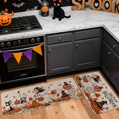 Halloween Decorative Kitchen Rugs Set of 2 - Ghost, Pumpkin, Skeleton, Mushroom, Multi-Color