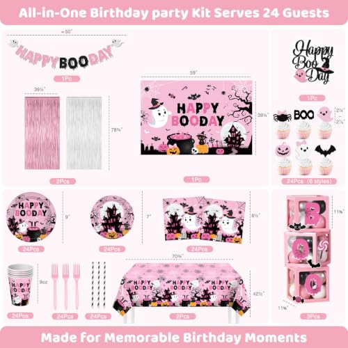 Pink Halloween Birthday Decorations Set for 24 Guests - Complete Party Kit