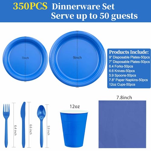Blue Disposable Party Plates Set for 50 People - 9-inch Dinner & 7-inch Dessert Plates, Cups & Cutlery - Blue Variation