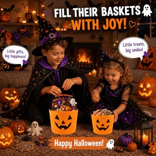 Halloween Bucket for Kids - Pumpkin Basket with Handle, Orange, Medium