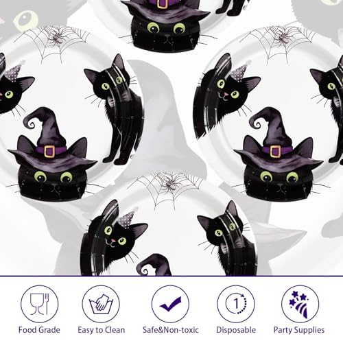 Halloween Black Cat Party Plates 9-Inch Set with Witchy Hats & Spider Webs - Variation: Three Black Cats