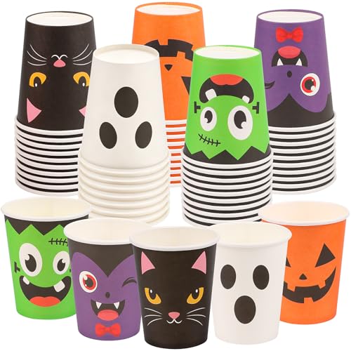 Purple Halloween Paper Cups 9 oz Disposable Party Cups with Spooky Designs