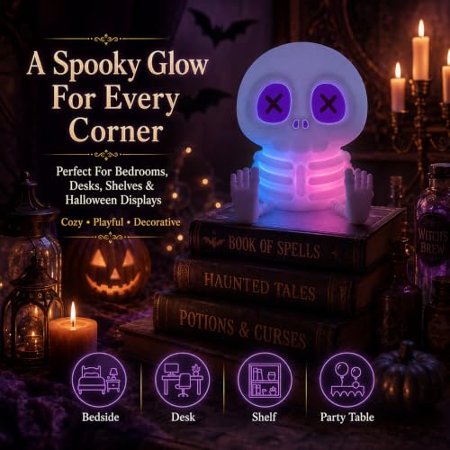 Pink Skeleton Night Light Toy - Rechargeable Silicone Halloween Decor - Warm White Skull Lamp