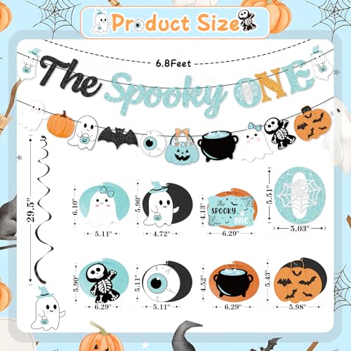 Halloween Birthday Banner & Hanging Decorations Kit - Ghost, Pumpkin, Bat Streamers, Blue Theme