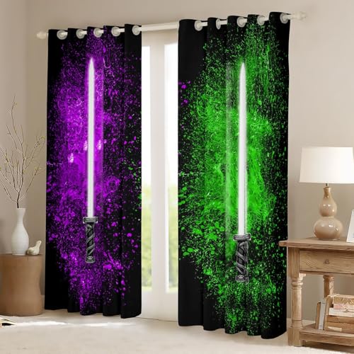 Light Saber Window Curtains Set - Purple Green Tie Dye for Kids Bedroom & Living Room, 52 x 84 Inches, 2 Panels