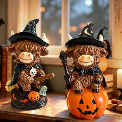 Halloween Highland Cow Figurines Set - Farmhouse Fall Decor, Rustic & Festive