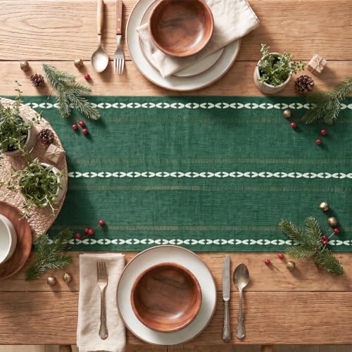 Green Rustic Cotton Linen Christmas Table Runner - 13x36 Inch Seasonal Decor