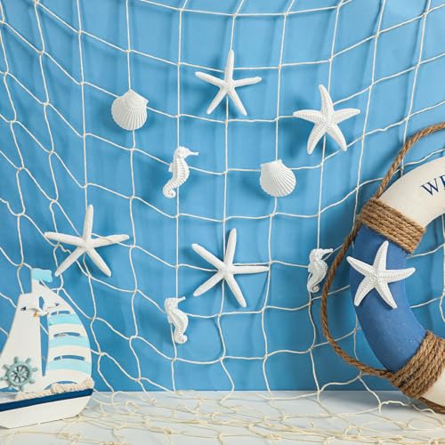Nautical Fishnet Decor Set with Starfish, Shells, Seahorses - Ocean Theme Wall Art