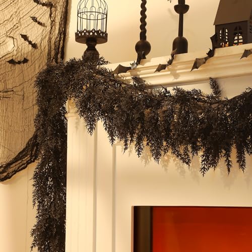 Halloween Black Artificial Cedar Garland 9ft - Spooky Decor for Indoor & Outdoor