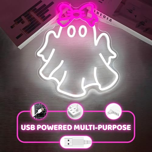 Pink Ghost Neon Sign with Bow - Halloween Wall Decor for Kids' Bedrooms