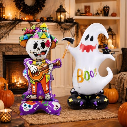 Halloween Standing Ghost and Sugar Skull Foil Balloons Set - Reusable Party Decor