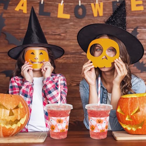 Pink Halloween Disposable Plastic Cups with Lids and Straws - 50 Pack, 12 oz