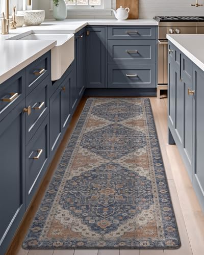 LUMI Anti-Fatigue Kitchen Floor Mat 24x59 Inches Cushioned Rug - Indigo & Terracotta