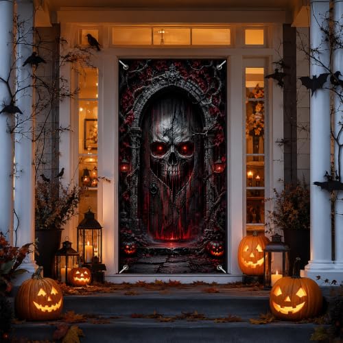 Halloween Glowing Skull Door Cover - Dark Gothic Gate Decoration 35x71 Inch