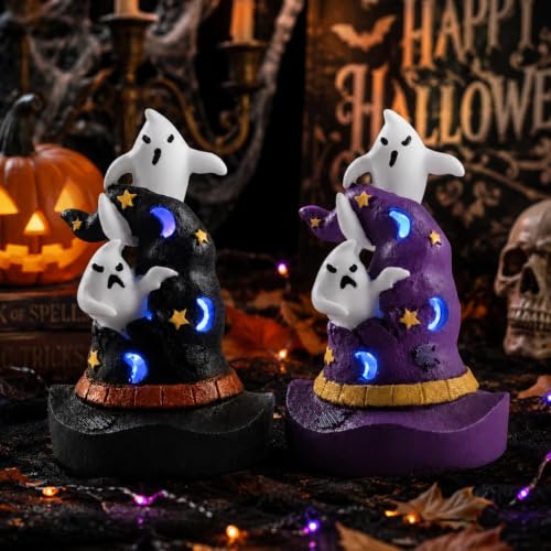 Halloween Resin Witch Hat Decor Set with Color-Changing LED Lights - 2 Pieces