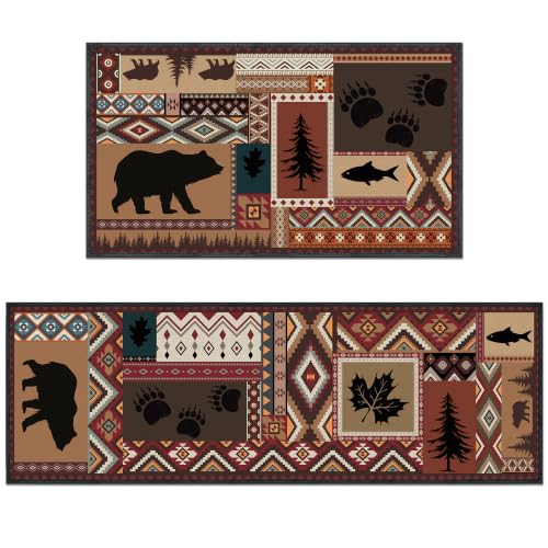 Southwestern Bear Kitchen Rugs Set - 2 Pieces, Non-Slip, Farmhouse Decor
