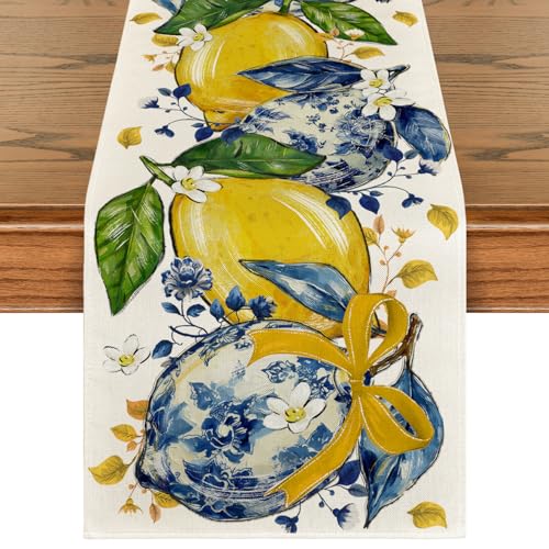 13x60 Inch Summer Table Runner - Chinoiserie Lemon Flowers Beige Polyester